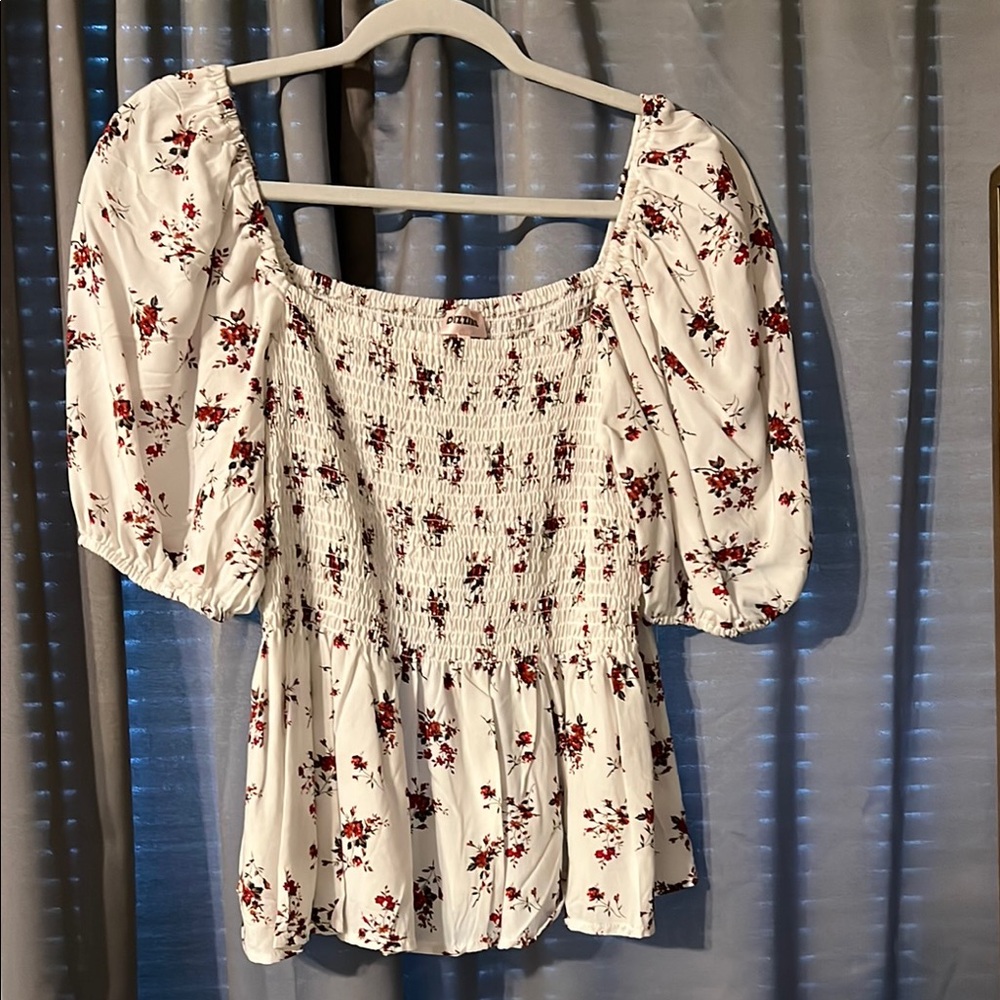 White and Red Smocked Puff Sleeve Blouse